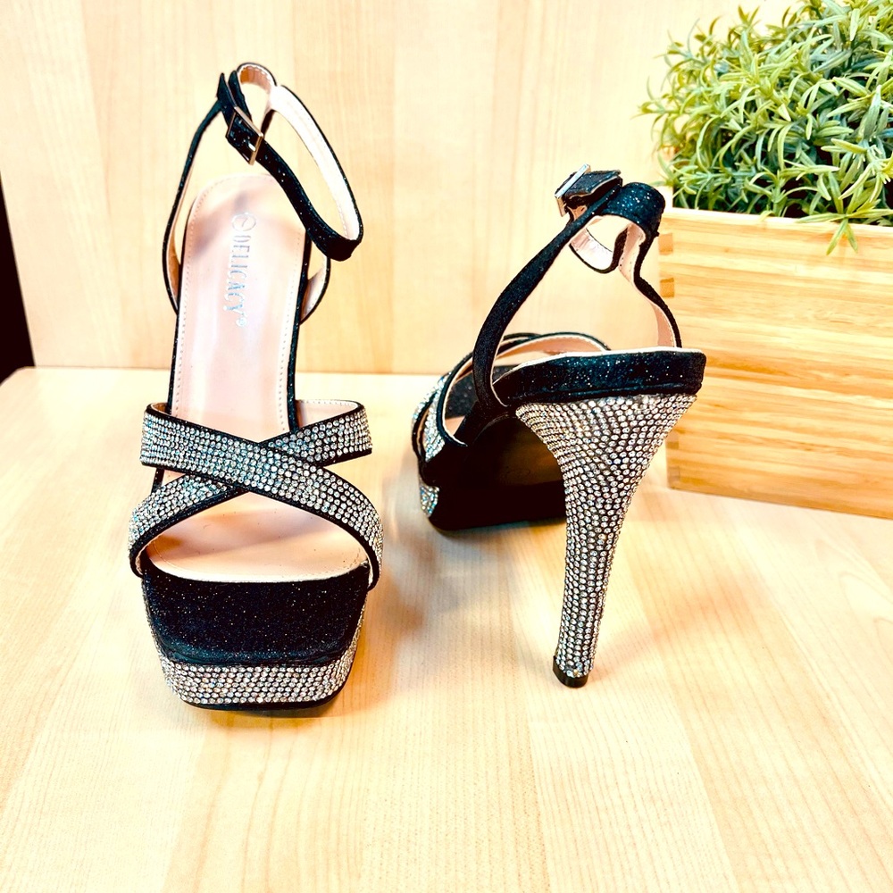Black squared toe Rhinestone Heels - Picture 3 of 3